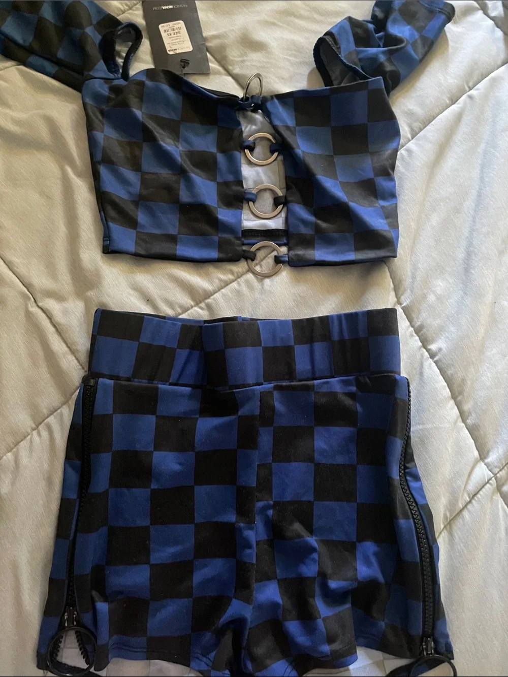 Fashion Nova Blue and Black Checkerboard  Top and Shorts set never been worn